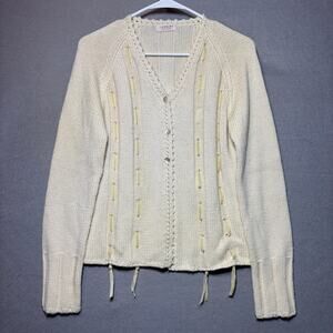 UNIQUE Woman Knitwear Wool Blend Cardigan L Ribbon Cable Knit Button‎ Front Cozy